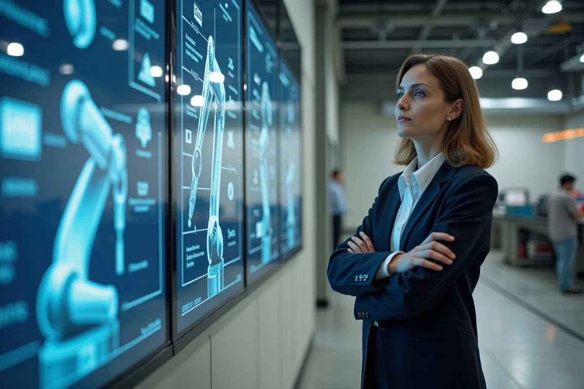 Femme cadre devant un écran de schémas robotiques dans une usine, illustrant la transformation du travail par l'intelligence artificielle
