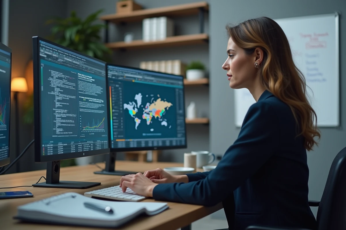 Professionnelle analysant une cartographie des risques sur un écran d'ordinateur pour une veille permanente