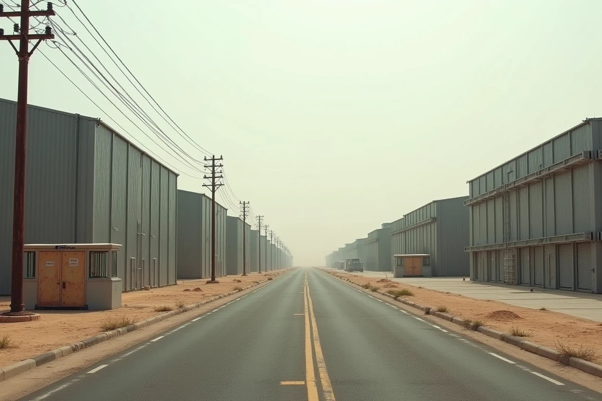 Vue extérieure d'un immense centre de données hyperscale dans un paysage aride avec des bâtiments industriels à l'horizon