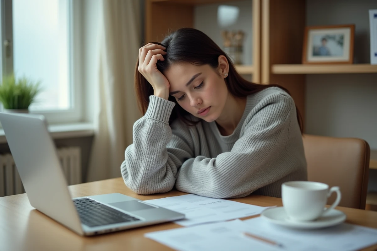 Femme épuisée mentalement la tête posée sur son bureau devant un ordinateur portable, illustrant le burn-out et la fatigue cognitive au travail