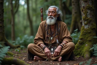 Vieux chaman autochtone en méditation dans une forêt dense, portant une robe de laine traditionnelle ornée de plumes et de symboles, illustrant le chamanisme et la spiritualité.