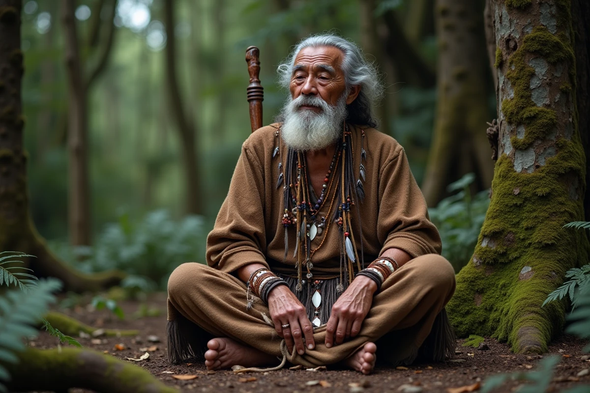 Vieux chaman autochtone en méditation dans une forêt dense, portant une robe de laine traditionnelle ornée de plumes et de symboles, illustrant le chamanisme et la spiritualité.