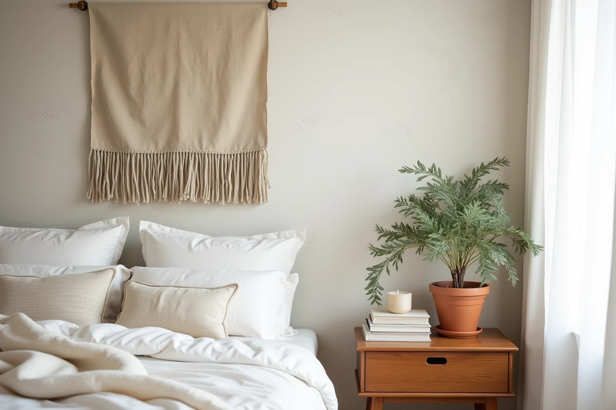 Coin chambre avec mur en badigeon de chaux et suspension murale en lin au-dessus d'une table de nuit en bois