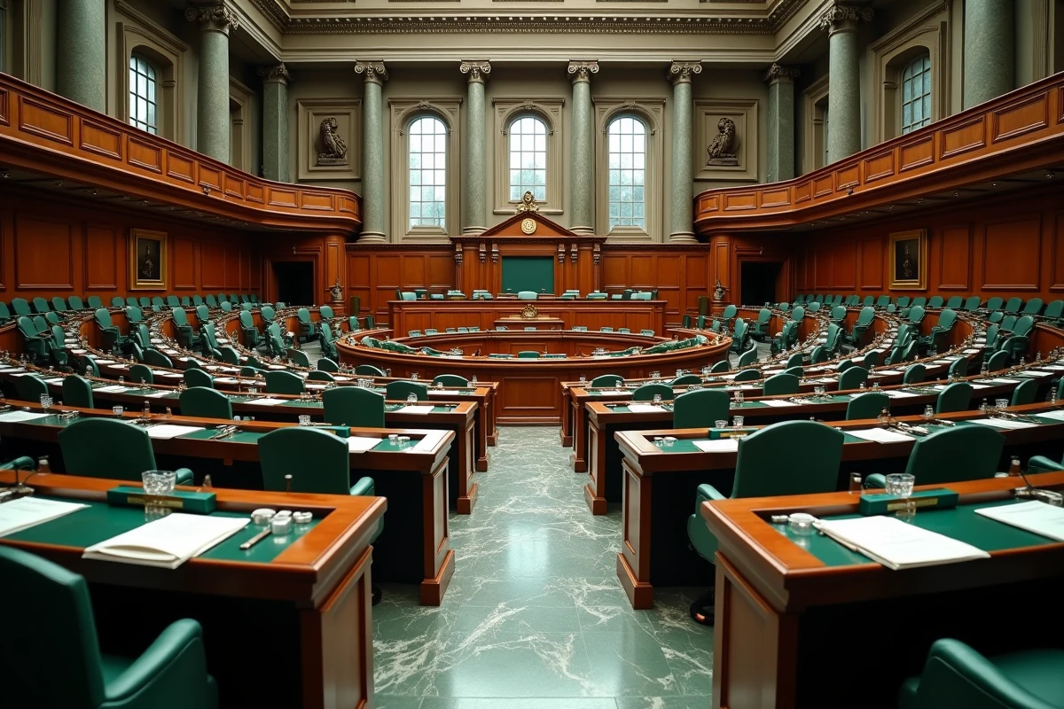 Vue grand angle d'une chambre parlementaire vide avec des livrets de budget 2026 posés sur les pupitres officiels