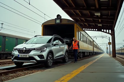Chargement d'une voiture sur un wagon porte-autos SNCF dans une gare française