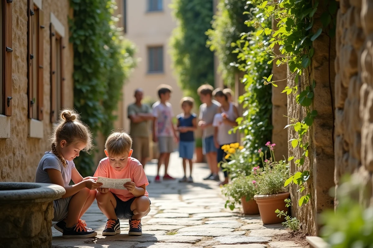 Enfants participant à une chasse au trésor dans les ruelles d'un village français autour d'une fontaine en pierre