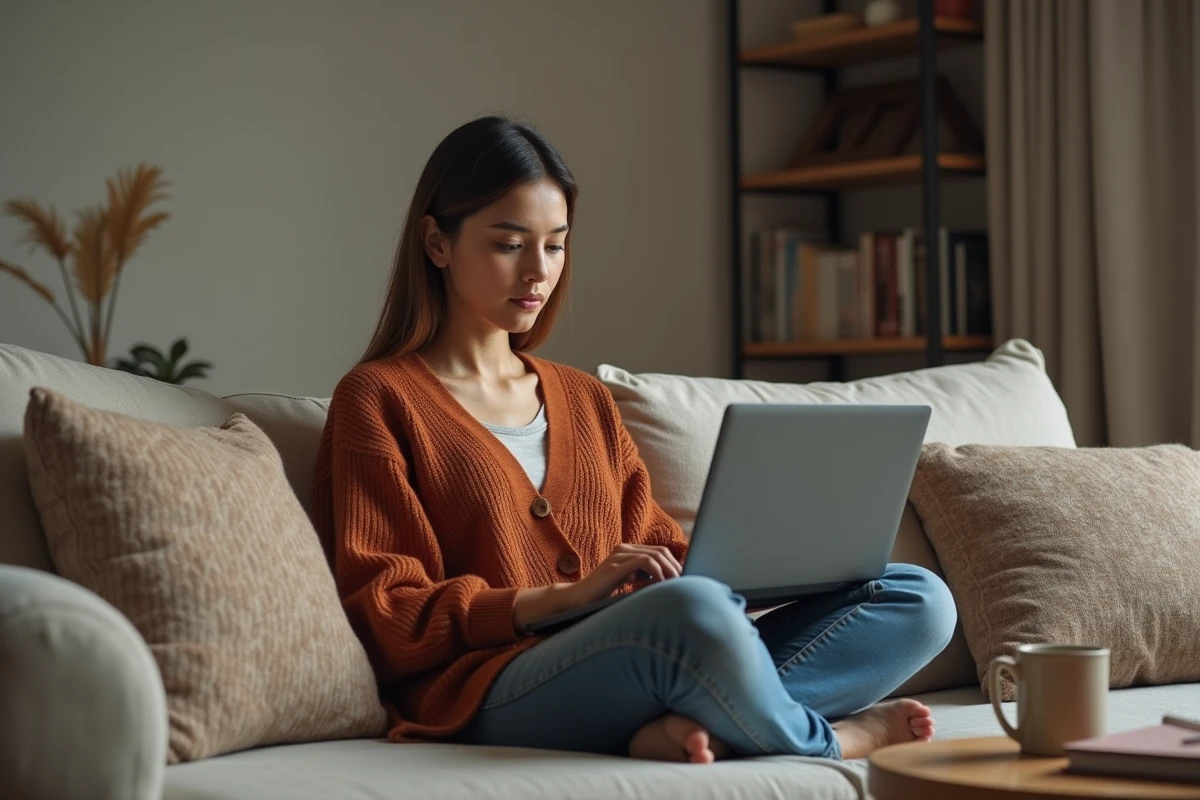 Jeune femme construisant une checklist interactive en ligne sur ordinateur portable dans un salon cosy
