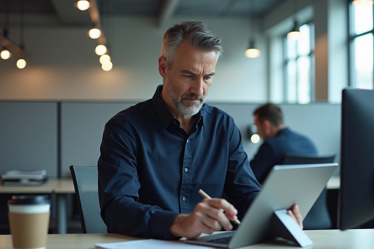 Homme professionnel créant une checklist interactive numérique sur tablette dans un bureau moderne