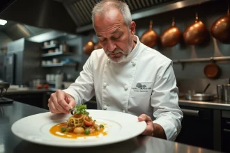 Chef expérimenté en cuisine gastronomique dressant une assiette raffinée dans un restaurant étoilé