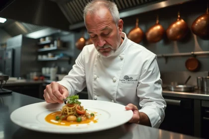Chef expérimenté en cuisine gastronomique dressant une assiette raffinée dans un restaurant étoilé