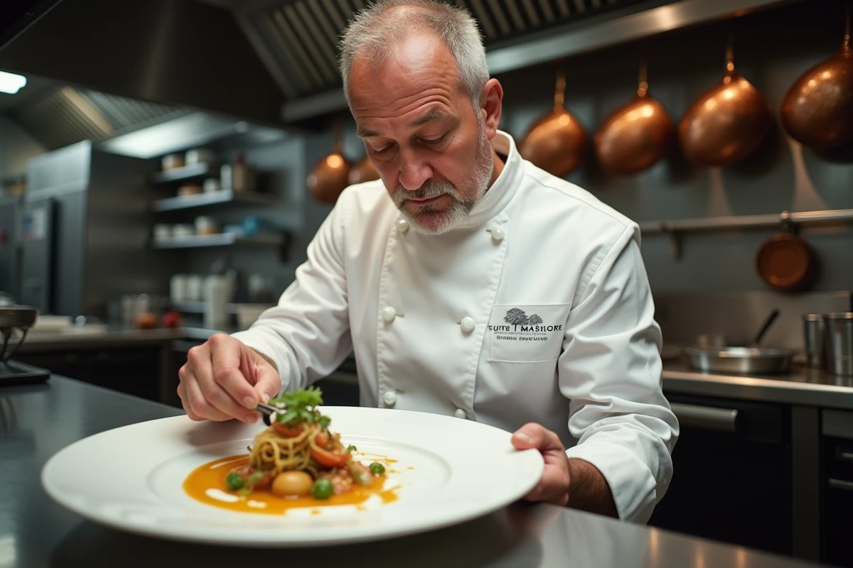 Chef expérimenté en cuisine gastronomique dressant une assiette raffinée dans un restaurant étoilé