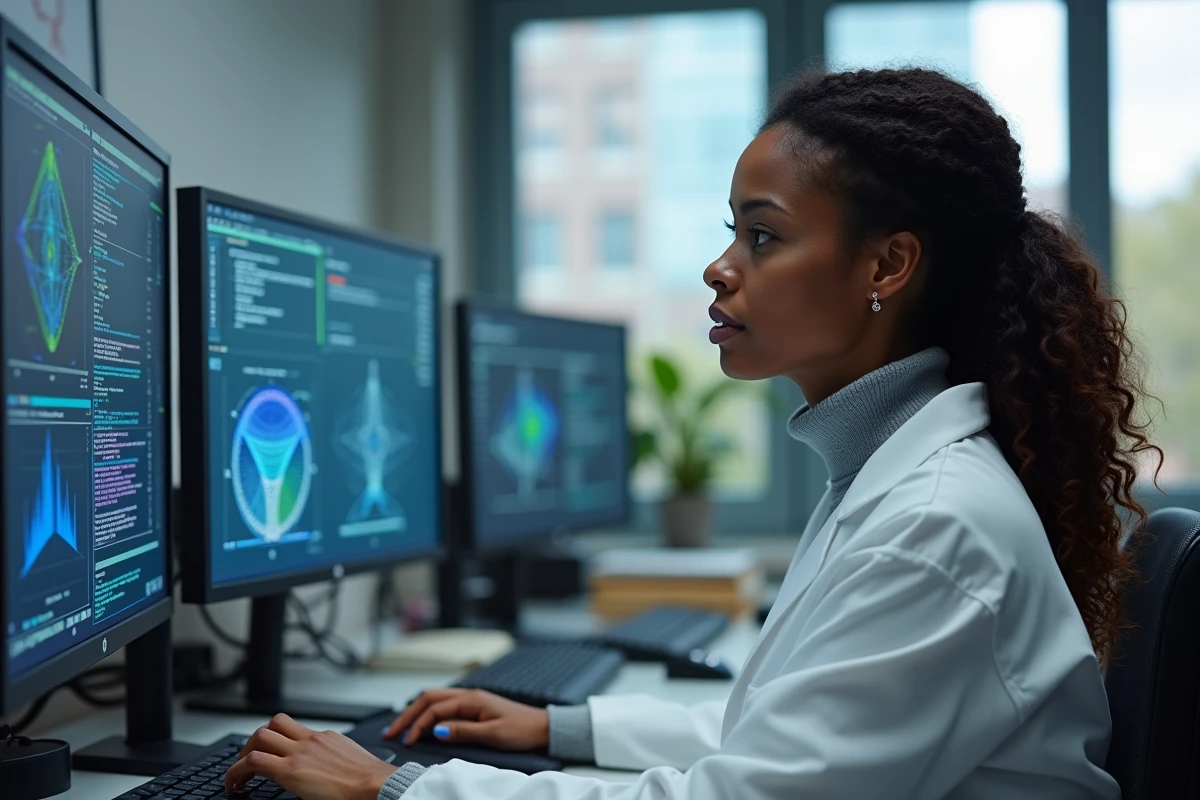 Chercheuse en intelligence artificielle devant des écrans affichant des réseaux de neurones dans un laboratoire universitaire spécialisé en IA