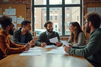 Groupe de citoyens réunis autour d'une table pour discuter de solutions aux problèmes sociaux dans un centre communautaire