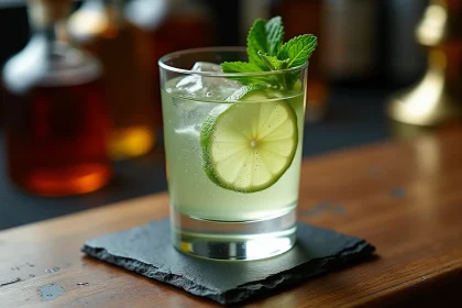 Cocktail gin et citron vert servi dans un verre élégant avec une rondelle de citron et des feuilles de menthe sur un comptoir en ardoise