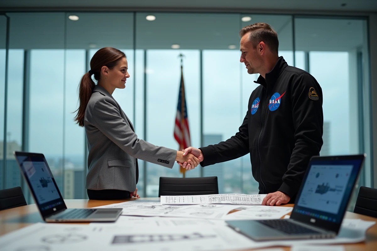 Collaboration entre professionnels NASA et SpaceX lors d'une réunion de travail