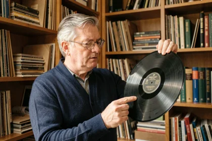 Collectionneur examinant un disque vinyle 78 tours shellac devant une bibliothèque remplie de disques anciens