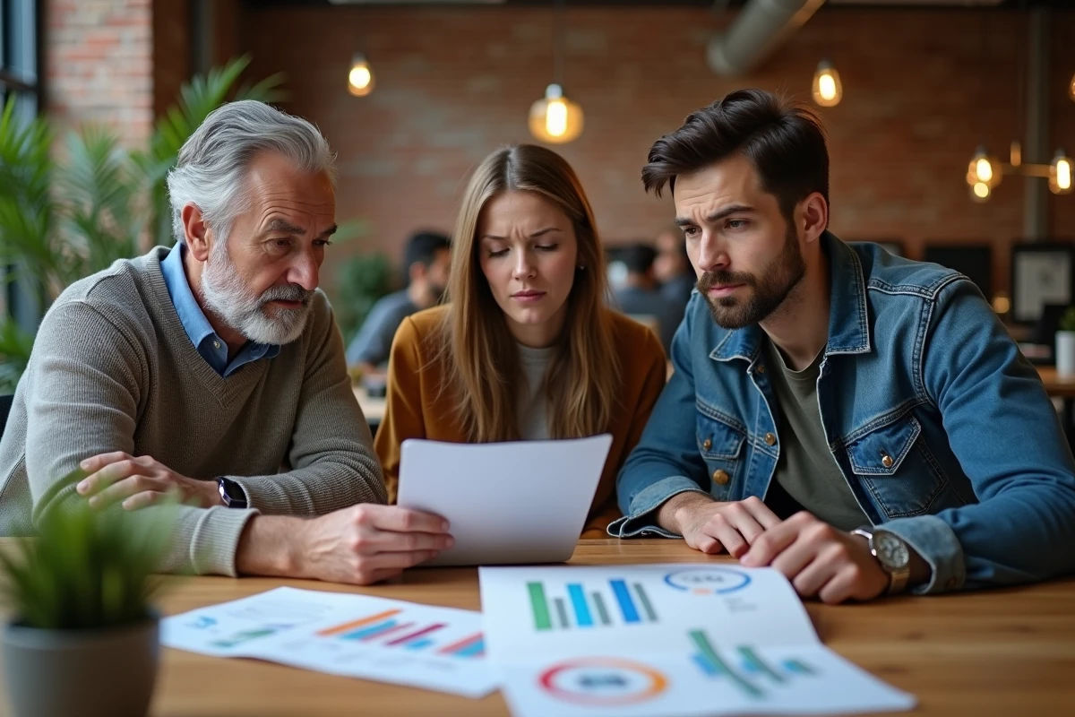 Groupe de collègues analysant des statistiques sur l'impact de l'IA sur le marché du travail dans un espace de coworking