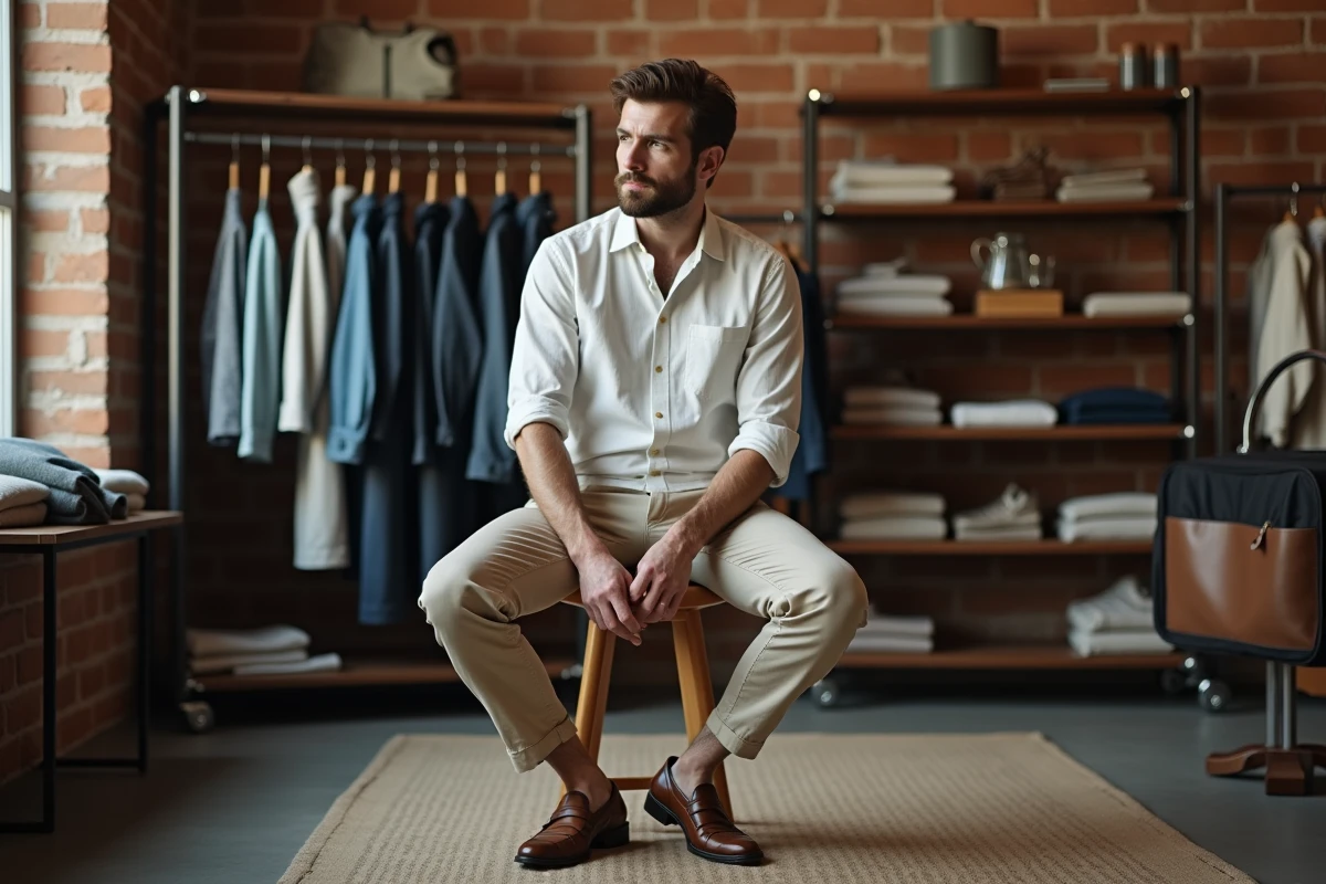 Homme assemblant une tenue dans une boutique de mode urbaine pour définir son style vestimentaire