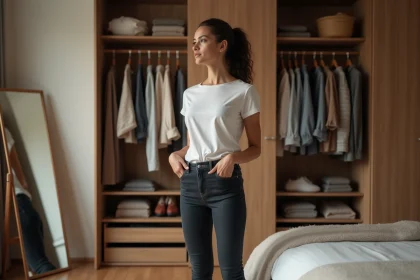 Jeune femme choisissant ses vêtements devant un dressing organisé pour créer son look personnel