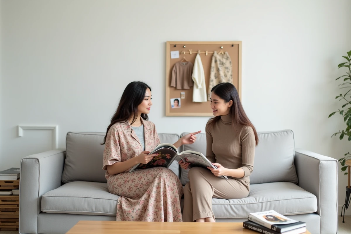 Deux femmes créant un mood board de looks tendance dans un appartement minimaliste pour s'inspirer dans leur style