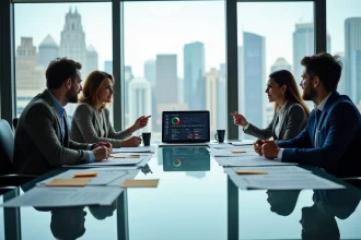 Équipe de professionnels réunis autour d'une table de conférence pour gérer une communication de crise
