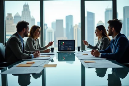 Équipe de professionnels réunis autour d'une table de conférence pour gérer une communication de crise