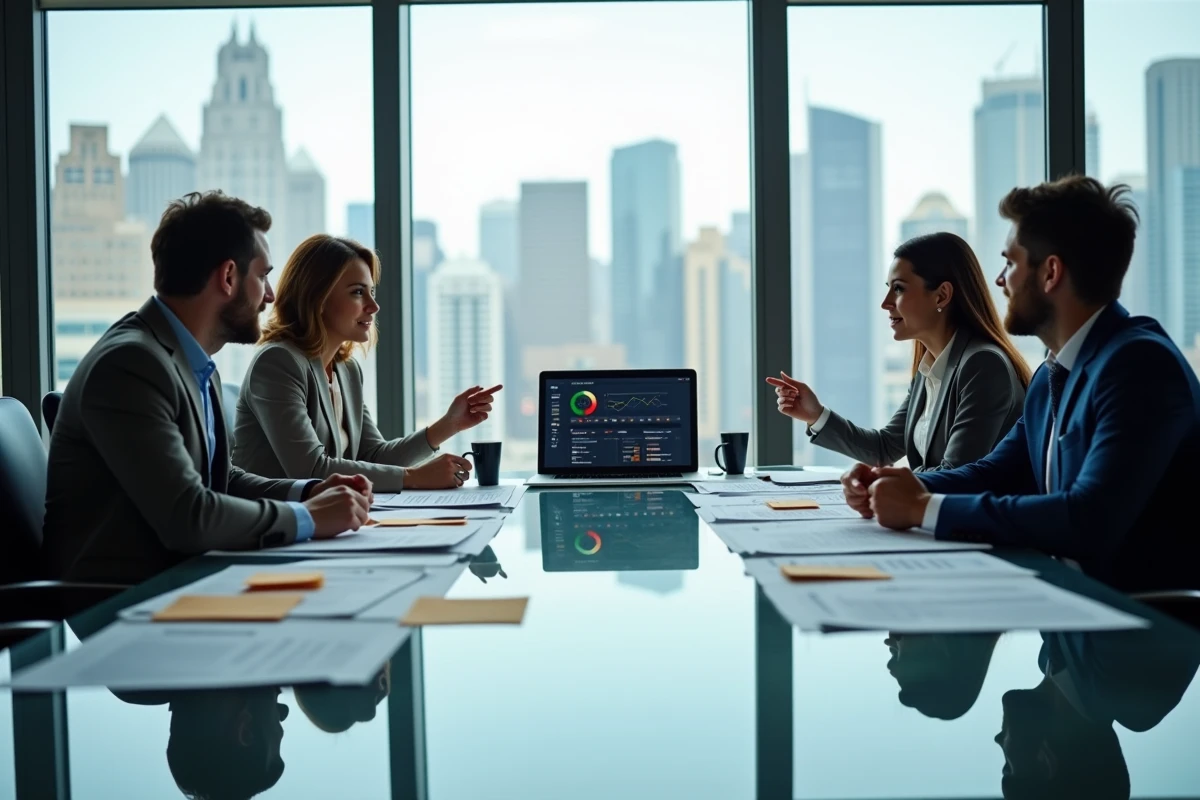 Équipe de professionnels réunis autour d'une table de conférence pour gérer une communication de crise
