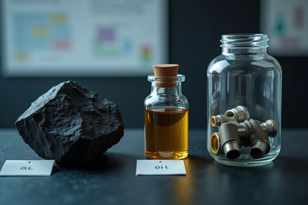Comparaison des trois combustibles fossiles — charbon, pétrole brut et gaz naturel — sur une surface en ardoise en laboratoire