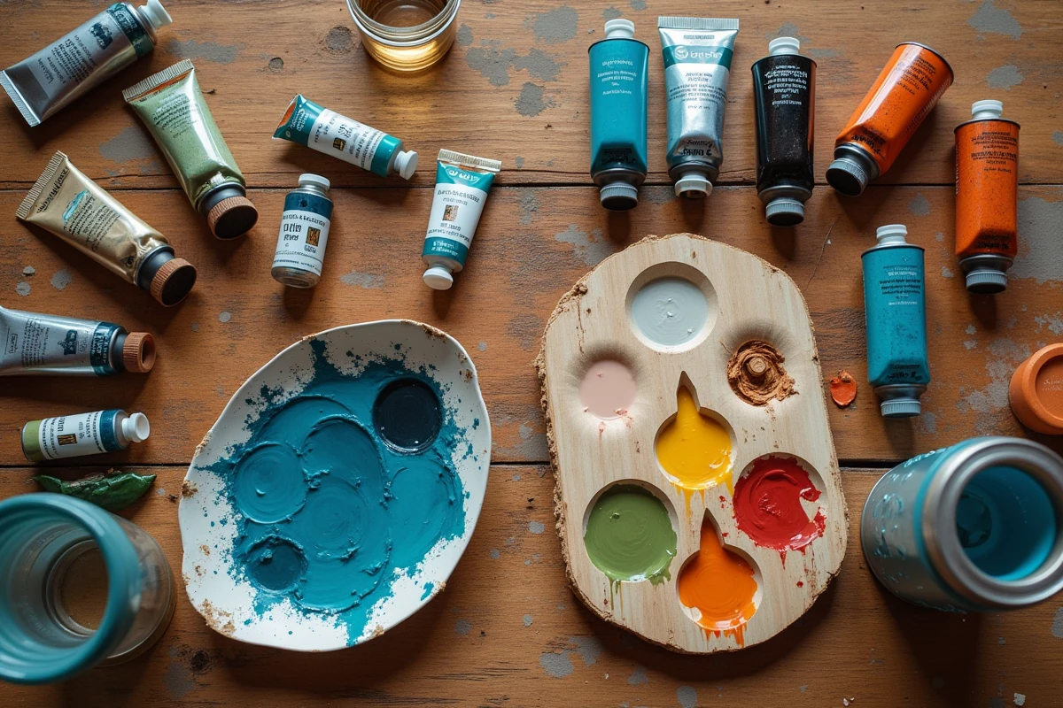 Comparaison des matériaux de peinture à l'huile et acrylique côte à côte sur une table d'atelier