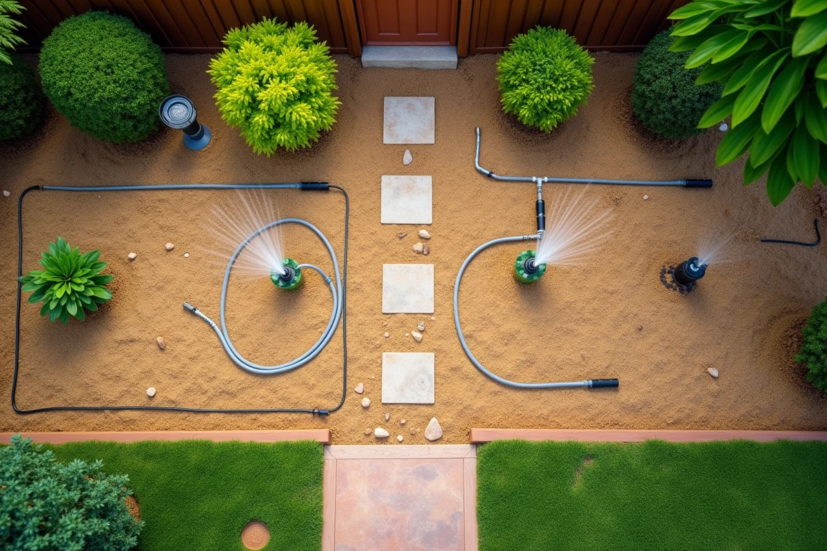 Vue comparative de trois systèmes d'irrigation différents installés dans un jardin urbain sur sol sableux