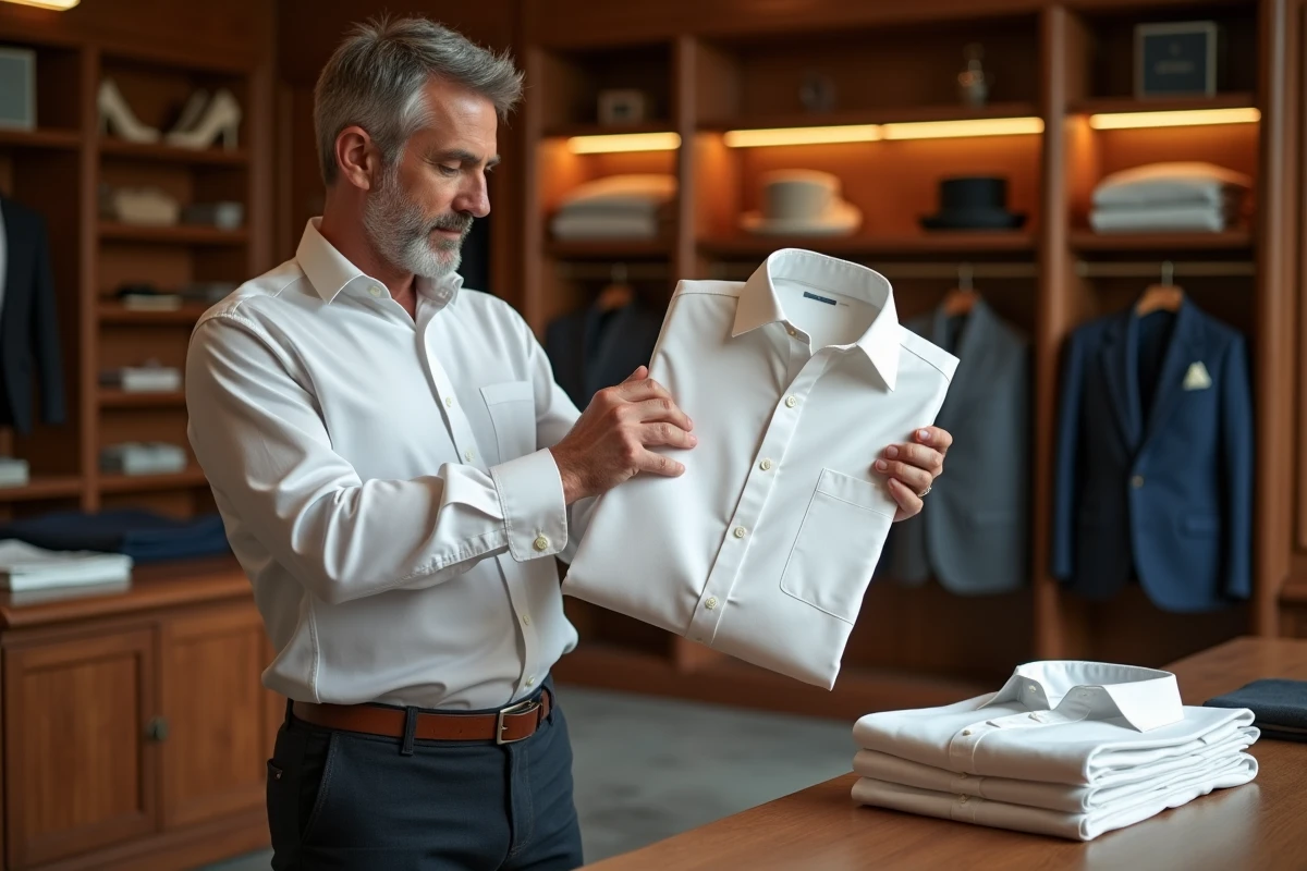 Homme comparant la qualité de deux chemises habillées dans un magasin de mode masculine classique