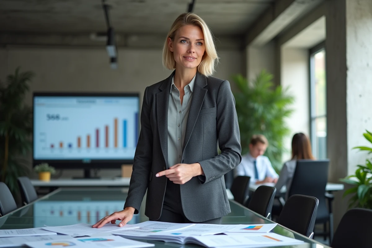 Comptable française en blazer gris analysant des déclarations fiscales dans un bureau comptable moderne
