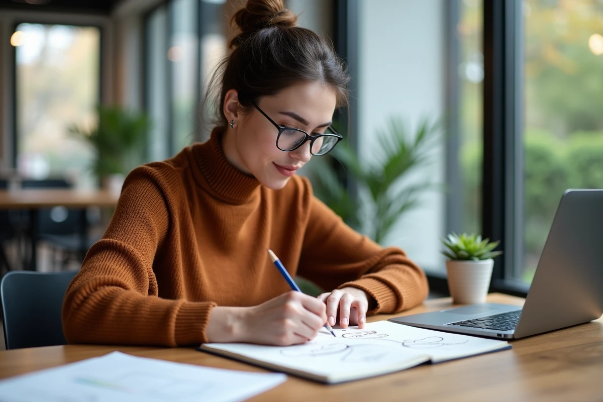 Jeune femme travaillant seule sur la conception d'un projet innovant dans un espace de co-working moderne