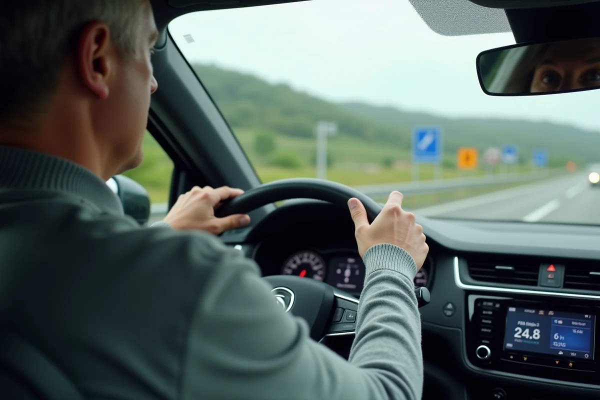 Conducteur au volant d'une voiture diesel Euro 6 sur autoroute avec affichage de la consommation