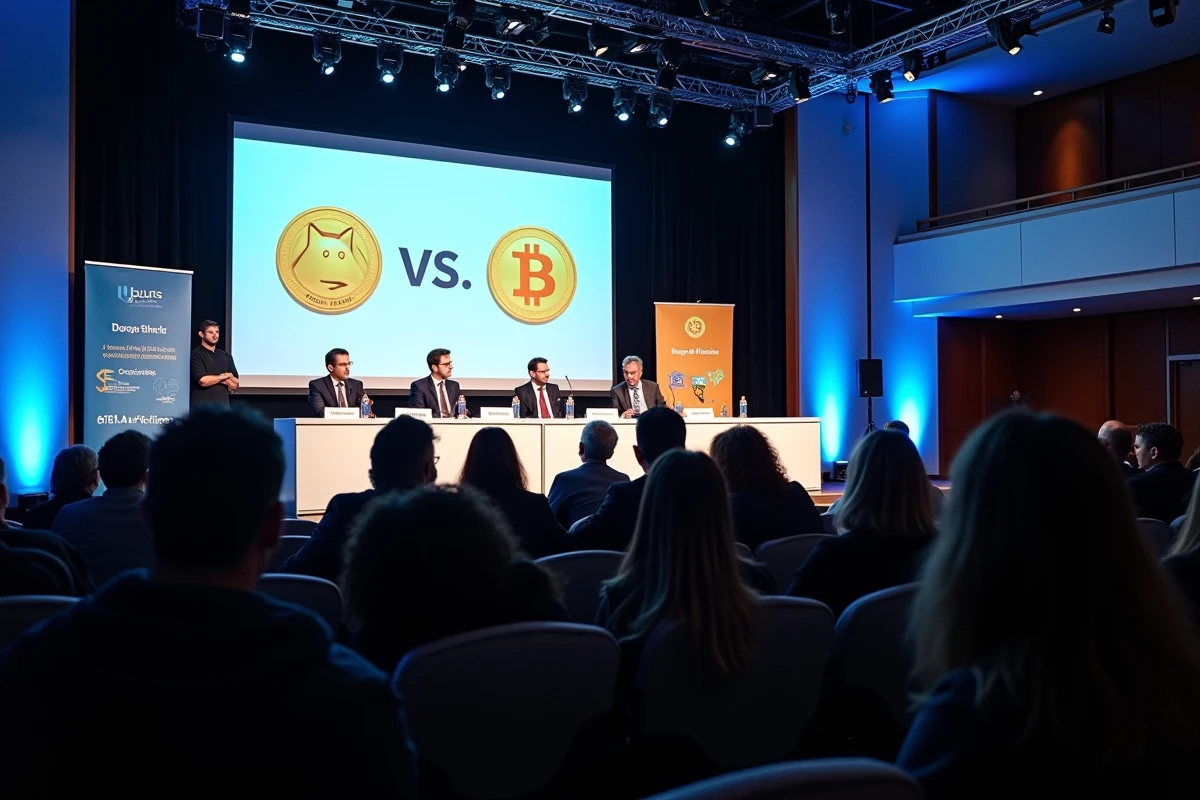 Panel de conférence sur les cryptomonnaies comparant Dogecoin et Bitcoin devant un public de professionnels