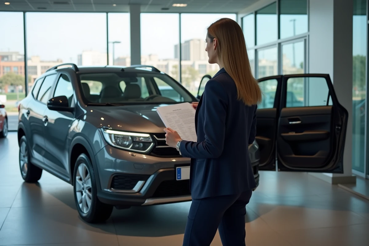 Conseillère commerciale présentant un SUV diesel Euro 6 dans une concession automobile moderne