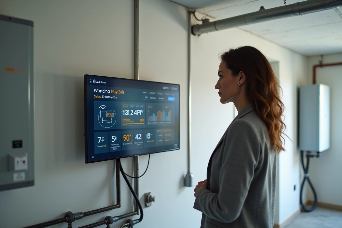Consultante en énergie analysant les données de rendement d'un panneau solaire 500W sur un écran de monitoring résidentiel