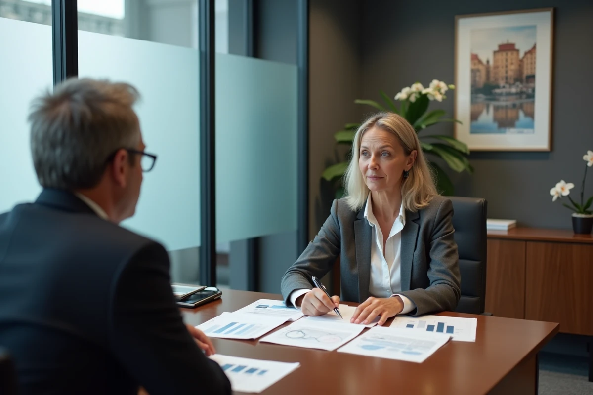 Femme fortunée consultant un conseiller en gestion de patrimoine dans une banque privée suisse à Genève, illustrant la stratégie d'optimisation fiscale et l'expatriation des grandes fortunes face à l'ISF
