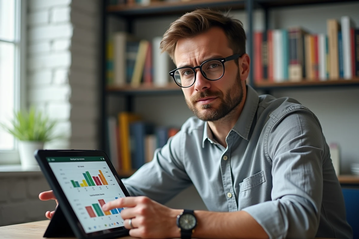 Homme consultant des graphiques de performance de fonds éthiques sur tablette dans un bureau à domicile