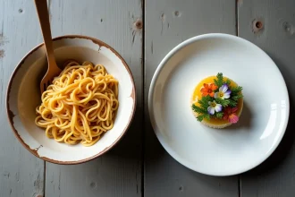 Contraste entre nourriture ordinaire et gastronomie raffinée sur une table en bois, illustrant l'antonyme de la gastronomie