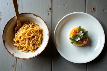 Contraste entre nourriture ordinaire et gastronomie raffinée sur une table en bois, illustrant l'antonyme de la gastronomie