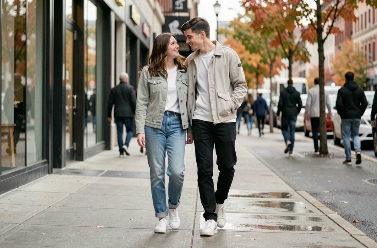 Couple de jeunes adultes marchant ensemble en ville avec complicité, évoquant la réconciliation et la relation de la copine de GMK