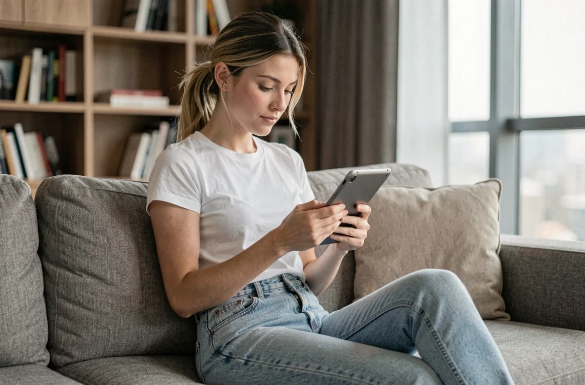 Jeune femme consultant les réseaux sociaux sur une tablette dans son appartement, symbolisant les spéculations en ligne sur la vie privée de la copine de GMK