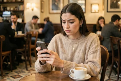 Jeune femme pensive seule dans un café parisien regardant son téléphone, illustrant les rumeurs de rupture autour de la copine de GMK