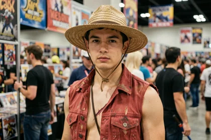 Cosplayer déguisé en Luffy de One Piece avec chapeau de paille et veste rouge usée lors d'une convention manga