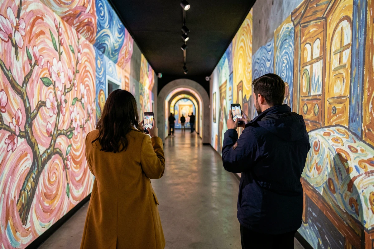 Deux visiteurs photographiant les projections Van Gogh dans le couloir d'entrée de l'exposition immersive de Lyon