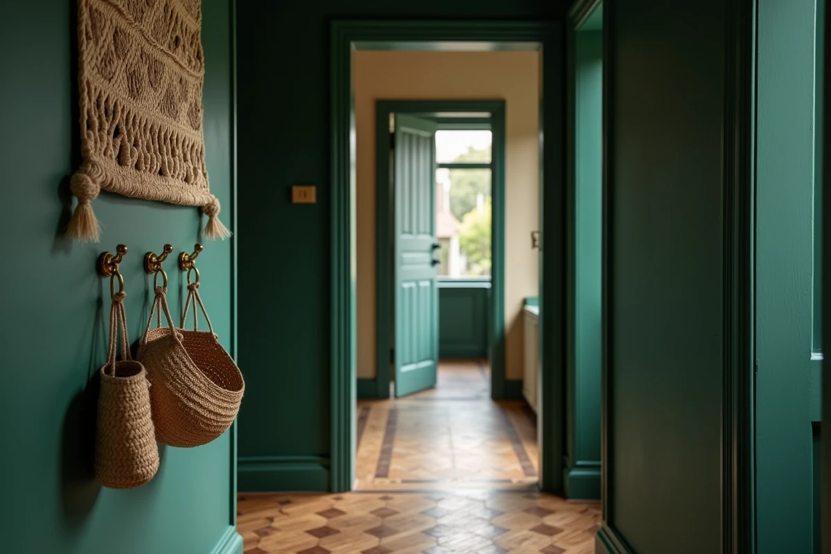 Couloir intérieur avec mur vert foncé, crochets en laiton et panneaux en macramé pour une ambiance chaleureuse