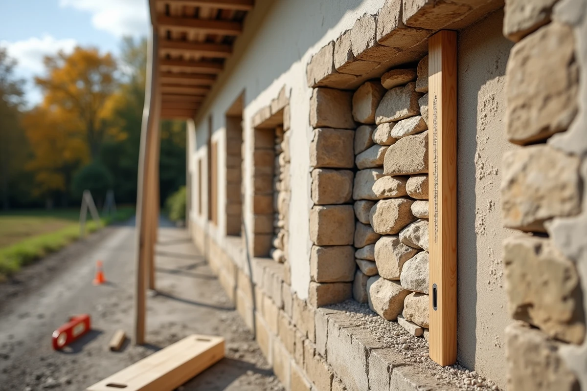 Coupe transversale d'un mur en pierre avec couches d'enduit de chaux sur un chantier de rénovation en milieu rural