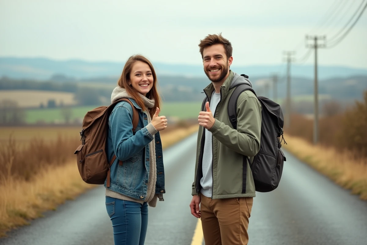 Couple faisant du stop au bord d'une route de campagne pour voyager gratuitement en autostop