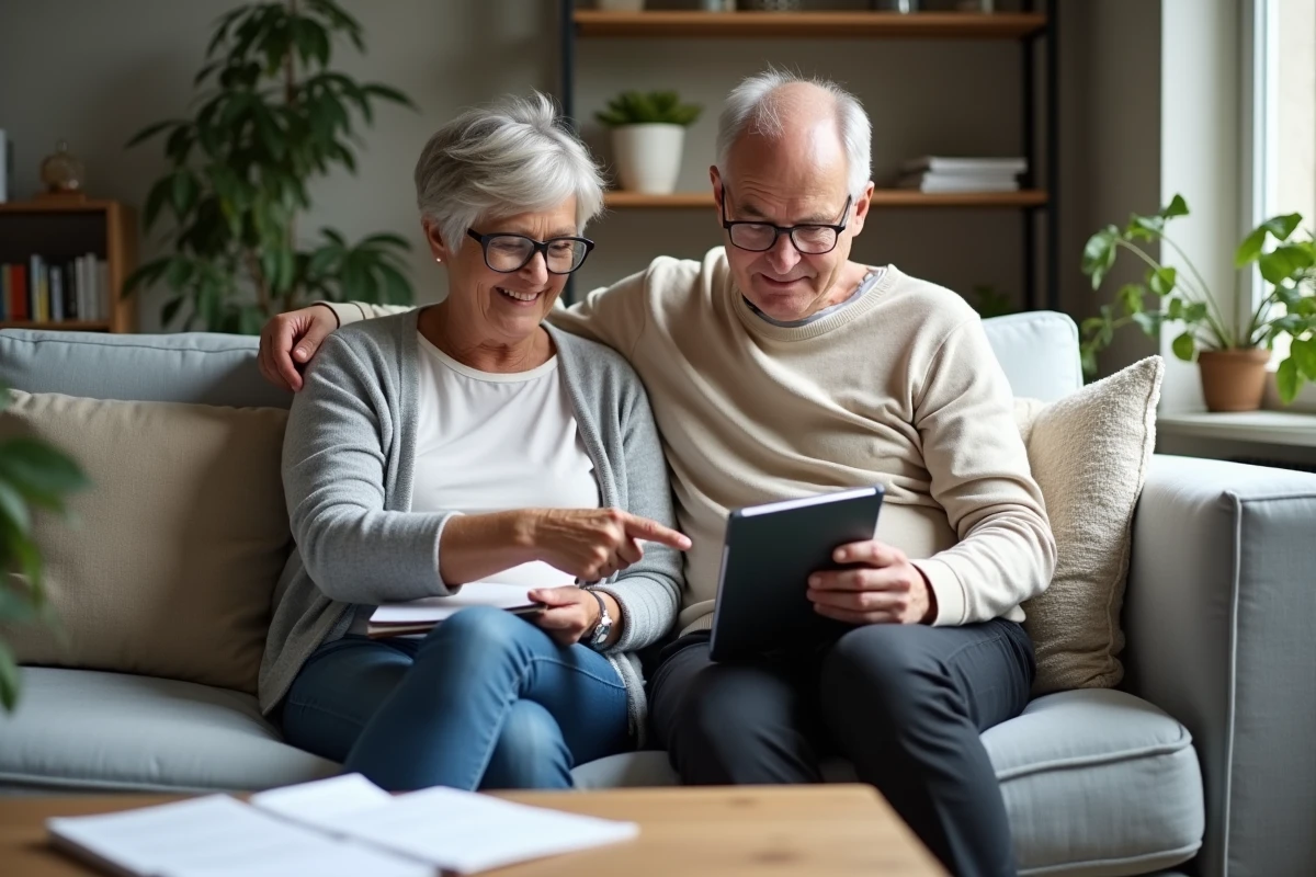 Couple d'âge moyen consultant un formulaire d'exonération de taxe foncière sur tablette dans leur salon, illustrant la démarche de vérification du revenu fiscal de référence